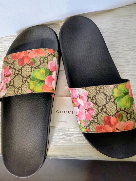 Gucci Shoes - Gucci Black Slides with Pink Floral Canvas Strap